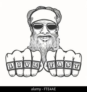 Bearded smiling biker in glasses and bandana holds his fists with club rings Live Fast. Illustration in cartoon style. Stock Vector