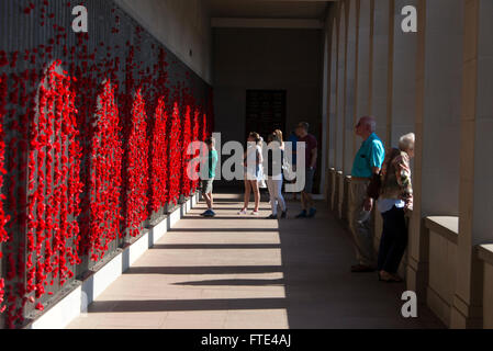 A long wall decorated with red poppies at the Australian War Memorial in Canberra, Australia. Stock Photo