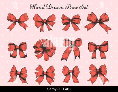 Set of twelve bows. Hand drawn red bows on polka dot background Stock Vector