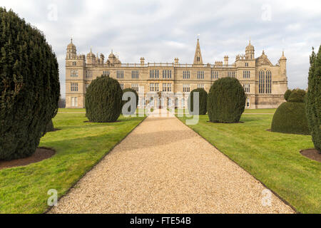 View on Burghley House, a grand 16th-century country house near the town of Stamford, Lincolnshire/ Cambridgeshire, England, UK. Stock Photo