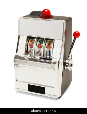 Small Slot Machine with Sevens Jackpot Isolated on White Background. Stock Photo