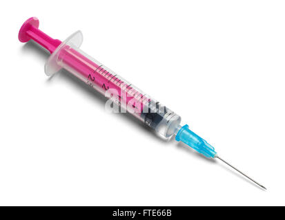 Pink and Blue Syringe with Needle Isolated on White Background. Stock Photo