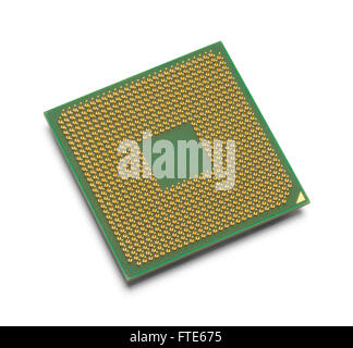Green and Gold Microprocessor with Copy Space Isolated on White Background. Stock Photo
