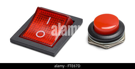 Two Red Computer Power Buttons Angle View Isolated on White Background. Stock Photo