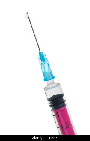 Small Syringe with Needle and Drop Isolated on White Background. Stock Photo