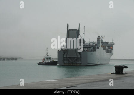 140213-N-BS486-551: ROTA, Spain (Feb. 13, 2014) - The container ship MV Cape Ray (T-AKR 9679) arrives at Naval Station Rota, Spain for a scheduled port visit. The vessel was modified to contribute to the United Nations and the Organization for the Prohibition of Chemical Weapons joint mission to eliminate Syria's chemical weapons materials. (U.S. Navy photo by Mass Communication Specialist 3rd Class Grant Wamack/Released) Join the conversation on Twitter ( https://twitter.com/naveur navaf )  follow us on Facebook ( https://www.facebook.com/USNavalForcesEuropeAfrica )  and while you're at it ch Stock Photo