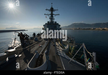 PALERMO, Italy (April 1, 2014) - Sailors aboard the guided-missile destroyer USS Mason (DDG 87) make preparations for entering port at Palermo, Italy. Mason, as part of the Harry S. Truman Carrier Strike Group, is operating in the U.S. 6th Fleet area of operations in support of maritime security operations and theater security cooperation efforts as it completes a 9-month deployment to the U. S. 6th and 5th Fleet areas of operations. Stock Photo