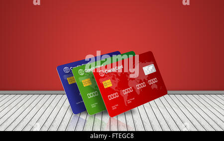 Set of Credit Cards on Room Floor with reflection. Stock Photo