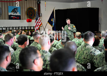 CAMP LEMONNIER, Djibouti (Nov. 27, 2014) Adm. Mark Ferguson, commander, U.S. Naval Forces Europe-Africa speaks to service members during an All Hands Call at Camp Lemonnier. Ferguson visited Camp Lemonnier to thank Sailors for supporting forward U.S. forces and for strengthening security in East Africa. Stock Photo