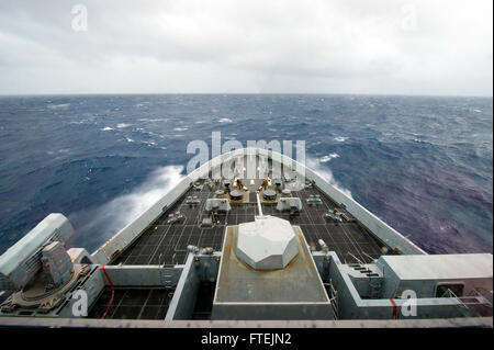 ATLANTIC OCEAN (Dec. 20, 2014) USS New York (LPD 21) enters the U.S. 6th Fleet area of operations in the eastern Atlantic Ocean Dec. 20, 2014. New York, a San Antonio-class amphibious transport dock ship, is deployed as part of the Iwo Jima Amphibious Ready Group/24th Marine Expeditionary Unit (IWO ARG/24MEU) in support of maritime security operations (MSO) and theater security. Along with New York, the Iwo Jima ARG/24 MEU is comprised of embarked Marines from the 24th MEU, the multi-purpose amphibious assault ship USS Iwo Jima (LHD 7), the amphibious dock landing ship USS F Stock Photo