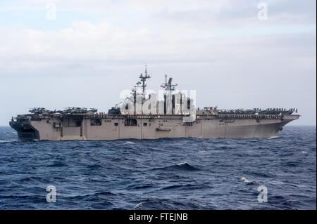 ATLANTIC OCEAN (Dec. 21, 2014) - Wasp-class amphibious assault ship USS Iwo Jima (LHD 7) sails in the eastern Atlantic Ocean Dec. 21, 2014. Iwo Jima is deployed as part of the Iwo Jima Amphibious Ready Group/24th Marine Expeditionary Unit (IWO ARG/24 MEU) in support of maritime security operations (MSO) and theater security cooperation efforts in the U.S. 5th and 6th Fleet areas of responsibility. Stock Photo