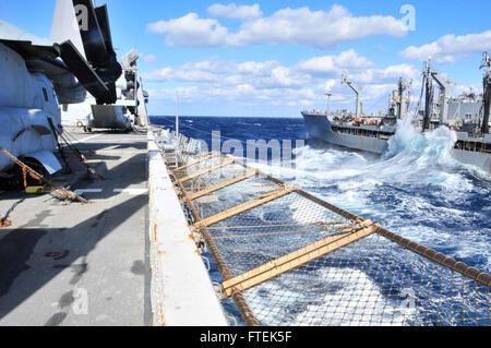 150109-N-WS581-074 MEDITERRANEAN SEA (Jan. 9, 2015) USS New York (LPD 21) conducts an underway replenishment with the Henry J. Kaiser-class fleet replenishment oiler USNS Kanawha (T-AO-196) Jan. 9, 2015. New York, a San Antonio-class amphibious transport dock ship, deployed as part of the Iwo Jima Amphibious Ready Group/24th Marine Expeditionary Unit (IWO ARG/24MEU), is conducting naval operations in the U.S. 6th Fleet area of operations in support of U.S. national security interests in Europe. (U.S. Navy photo by Mass Communications Specialist 3rd Class Andrew J. Sneeringer/ Released) Stock Photo