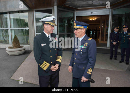 , U.S. Naval Forces Europe-Africa commander, speaks with Italian Lt. Gen. Fernando Giancotti, Accademia Aeronautica commander, after delivering remarks at the Accademia Aeronautica in Pozzuoli, Italy, Feb. 23, 2015. Ferguson’s remarks focused on the importance of leadership, cross-cultural communication and adapting to a dynamic and changing world. Stock Photo