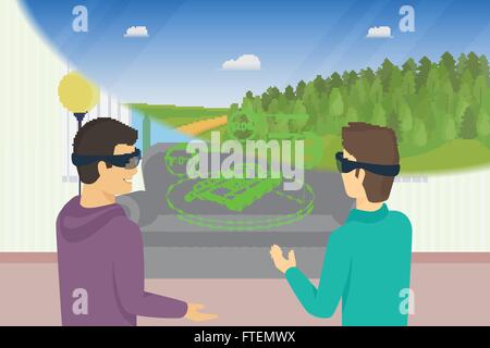 Happy guys is playing video game using head-mounted device for augmented and virtual reality Stock Vector