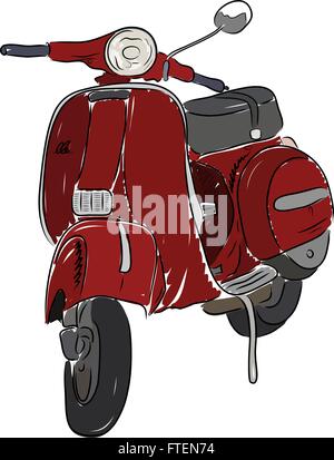 Red scooter isolated on white background. Hand-drawn sketch. Art vector illustration for your design Stock Vector