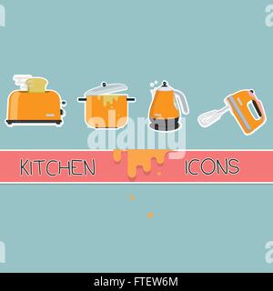 kitchen vector icon set, mixer, pot meals, toaster,teapot. Stock Vector
