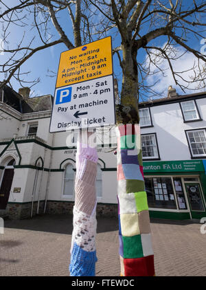 Yarn Bombing knitting graffiti in Bideford Devon, UK Stock Photo