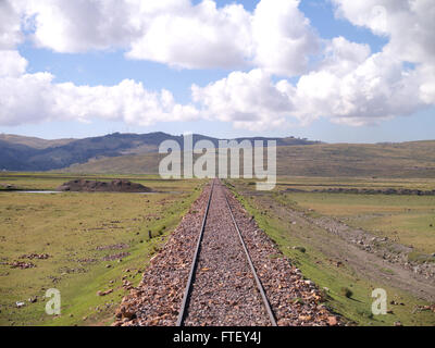 View from back of Andean Explorer travelling through the Andes in Peru Stock Photo
