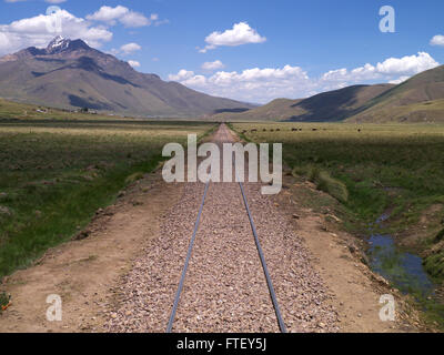 View from back of Andean Explorer travelling through the Andes in Peru Stock Photo