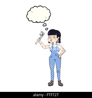 freehand drawn thought bubble cartoon female plumber Stock Vector