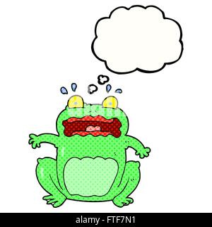 freehand drawn thought bubble cartoon funny frightened frog Stock Vector
