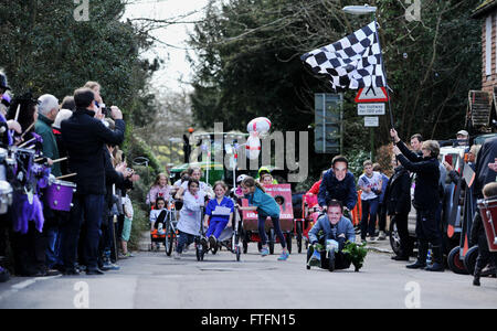 Bolney, Sussex, UK. 28th March, 2016.  The start of the Juniors race in the Bolney Pram Races held every year on Easter Bank Holiday Monday . This year they are raising money for Chailey Heritage and the Service by Emergency Rider Services charities  Credit:  Simon Dack/Alamy Live News Stock Photo