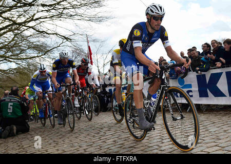 Deinze, Belgium. 27th Mar, 2016. BOONEN Tom (BEL) Rider of ETIXX - QUICK STEP on the Kemmelberg during the Flanders Classics UCI World Tour 78nd Gent-Wevelgem cycling race with start in Deinze and finish in Wevelgem © Action Plus Sports/Alamy Live News Stock Photo