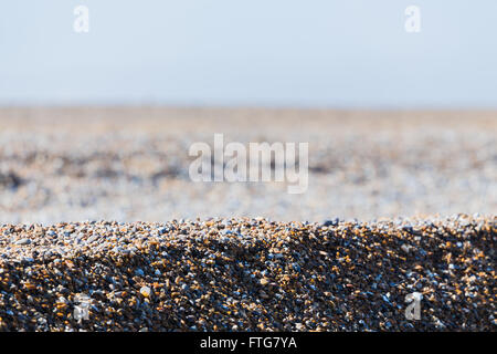 Tiny stones/shingle piled up high on the beach at Cley next the Sea in Norfolk. Stock Photo