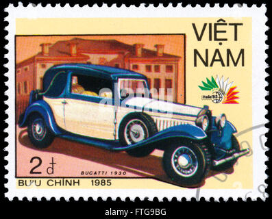 BUDAPEST, HUNGARY - 18 march 2016:  a stamp printed in Vietnam shows Bugatti, 1930, series Vintage Italian cars, circa 1985 Stock Photo