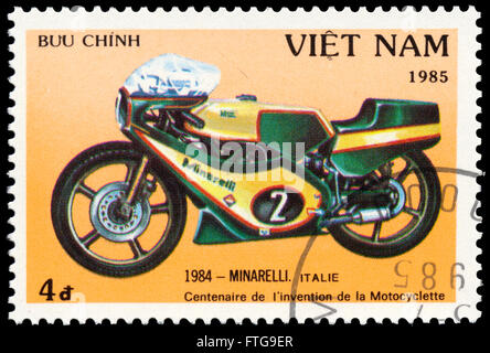 BUDAPEST, HUNGARY - 18 march 2016:  a stamp printed by Viet Nam, shows motorcycle Minarelli, circa 1985 Stock Photo