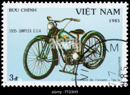 BUDAPEST, HUNGARY - 18 march 2016:  a stamp printed by Viet Nam, shows motorcycle Simplex, circa 1985 Stock Photo