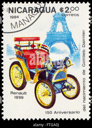 BUDAPEST, HUNGARY - 18 march 2016:  a stamp printed in Nicaragua shows Renault, 1899, circa 1984 Stock Photo