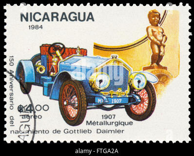 BUDAPEST, HUNGARY - 18 march 2016:  a stamp printed in Nicaragua shows Daimler, 1907, circa 1984 Stock Photo