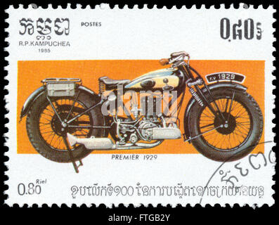 BUDAPEST, HUNGARY - 18 march 2016:  a stamp printed in Kampuchea from the '100th Anniversary of the Motorcycle ' issue shows Pre Stock Photo