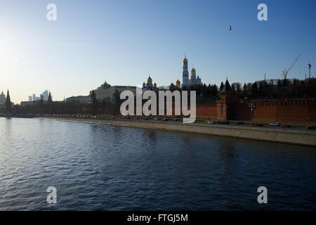 03/26/2016 Russia, Moscow. A series of 'Walking in Moscow. Moscow and faces.'Moscow river. View of the 'Moscow Kremlin' with 'Bi Stock Photo