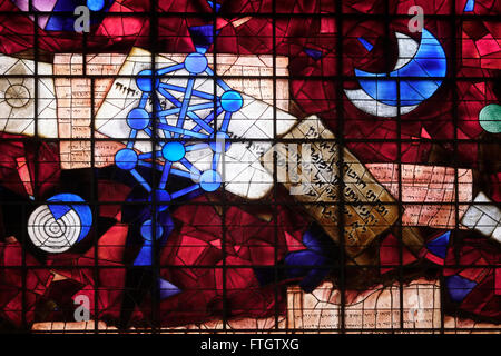 View of Mordecai Ardon's stained glass windows dedicated to Isaiah's vision of eternal peace at the lobby of Israel's National Library on the Givat Ram campus of the Hebrew University of Jerusalem in Israel Stock Photo
