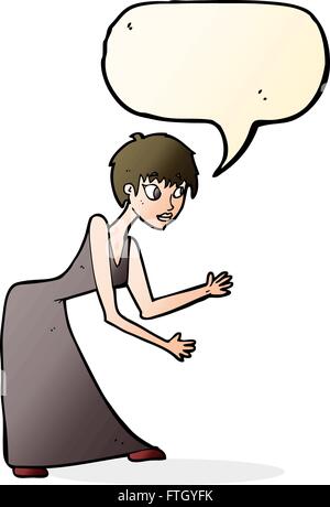 cartoon woman in dress gesturing with speech bubble Stock Vector
