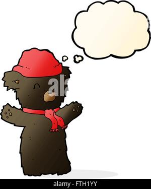 cartoon cute black bear in hat and scarf with thought bubble Stock Vector