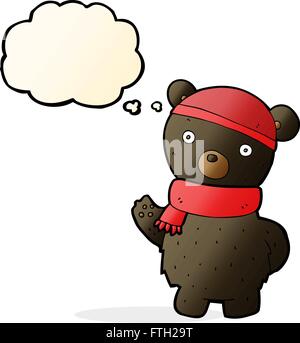 cartoon black bear in winter hat and scarf with thought bubble Stock Vector