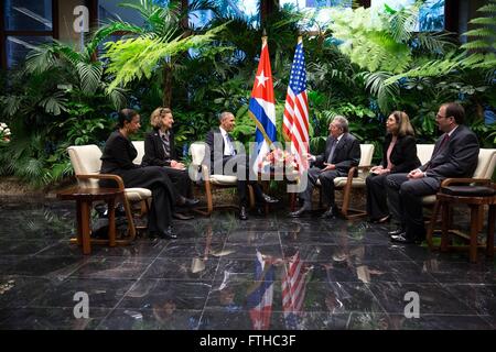 U.S President Barack Obama holds a bilateral meeting with Cuban President Raul Castro at the Palace of the Revolution March 21, 2016 in Havana, Cuba. Stock Photo