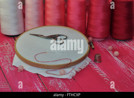 Embroidery Hoop Fabric Sewing Needles Thread Top View Stock Photo by  ©belchonock 180880562