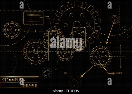 Gold and black steampunk gears blueprint vector illustration Stock Vector