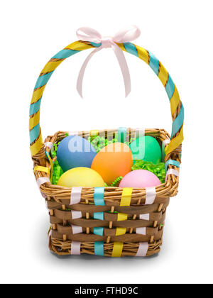 Easter Basket with Colored Eggs Isolated on White Background. Stock Photo