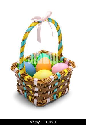 Easter Basket with Colored Eggs Isolated on White Background. Stock Photo