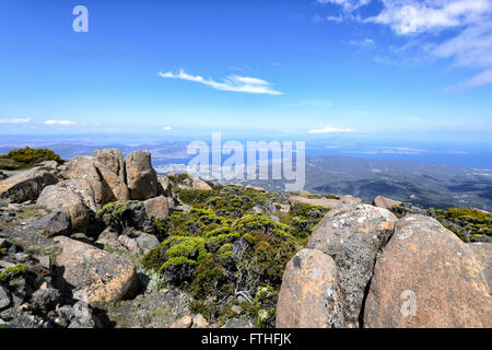 View over Hobart from the top of Mount Wellington, Hobart, Tasmania, Australia Stock Photo