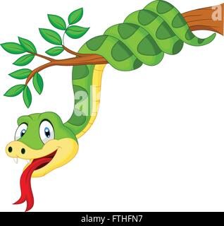 Cartoon green snake on branch Stock Vector