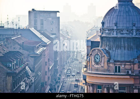 Busy Zagreb street in morning haze with old arcchitecture aerial vie, capital of Croatia Stock Photo