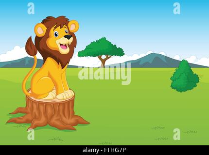 Cute lion cartoon in the savannah Stock Vector