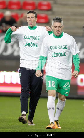 Rennes - February 4: Vincent Pajot and Cyril Lemoine AS Saint Etienne to echauffement during the match between Stade Rennais Stock Photo