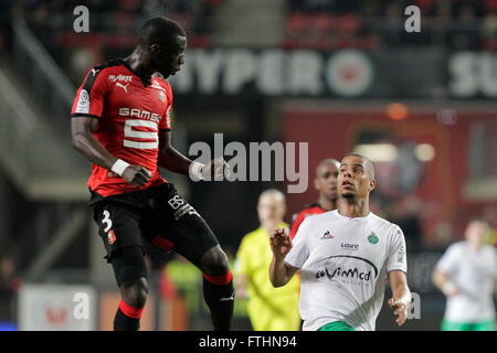 Cheikh M'Bengue  and Kévin Monnet-Paquet   when one league match Stade Rennais - AS Saint Etienne February 4, 2016 at Roazhon Stock Photo